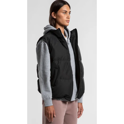 Sarah puffer vest with black gray hoodie, fleece hood, contrast sleeves