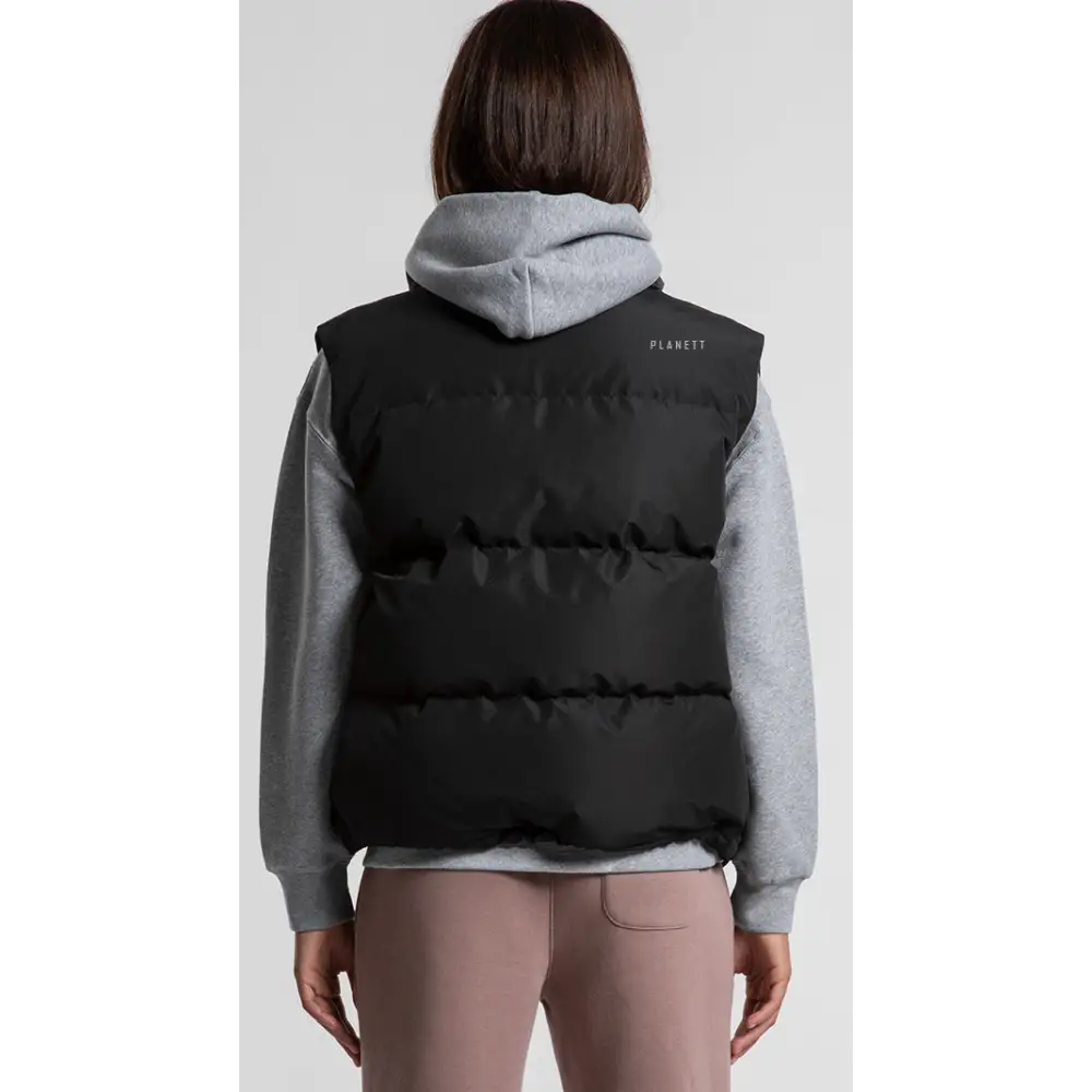 Sarah puffer vest in black with white logo, synthetic fabric