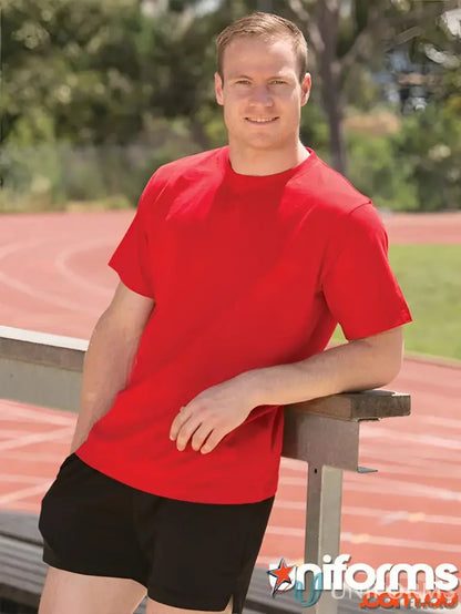 Red short-sleeved ts37 Savvy Tee with twin stitching, perfect for showing your winning spirit