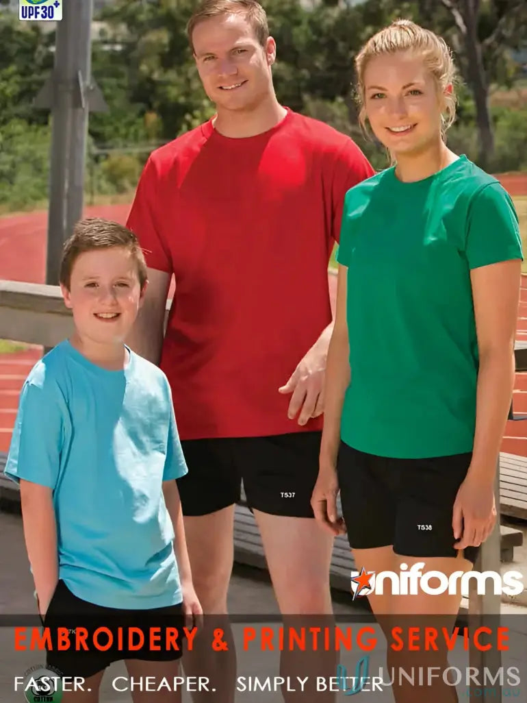 Three people in matching TS37 Savvy Tee shirts showing their winning spirit with twin stitching