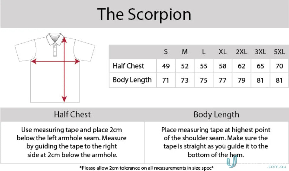 Clothing size chart for Scorpion Polo featuring cooldry moisture management tech
