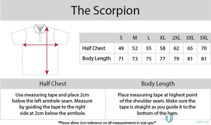 Clothing size chart for Scorpion Polo featuring cooldry moisture management tech