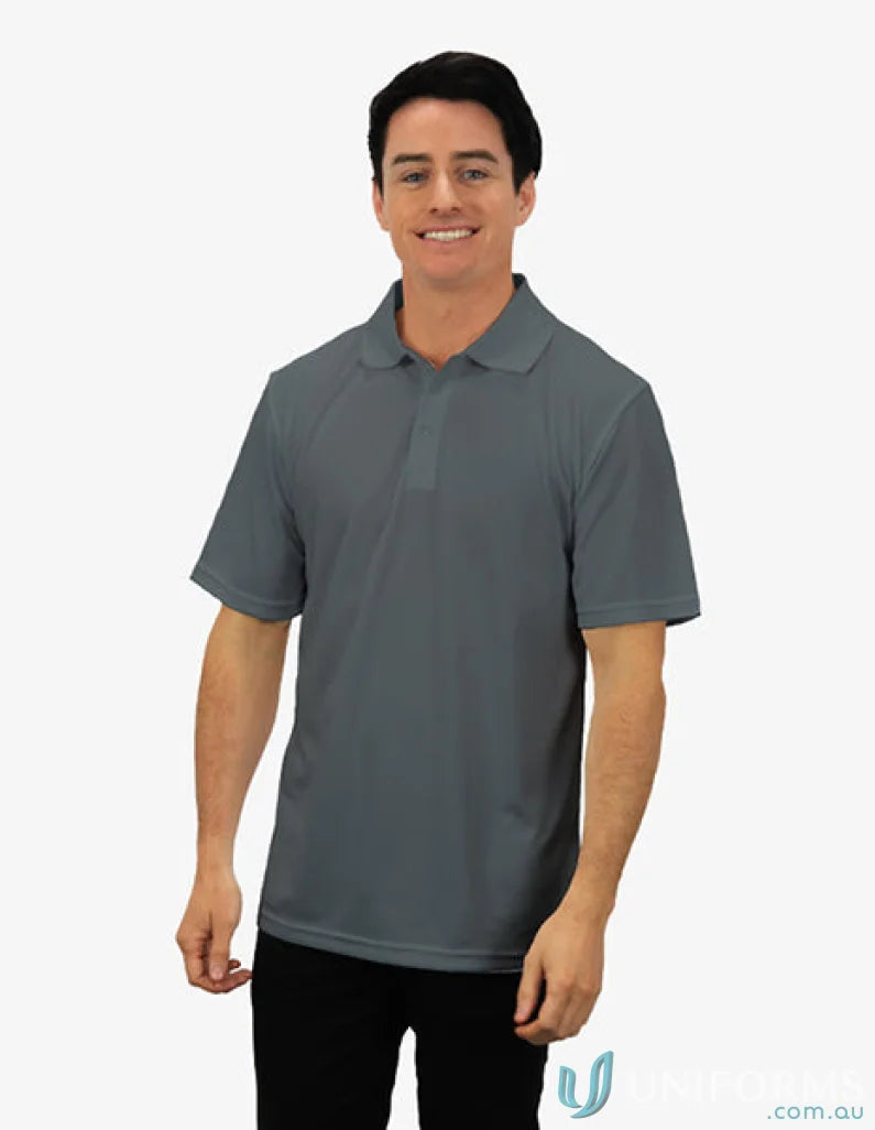 Man in gray Polo shirt showing CoolDry moisture management tech for all-day comfort