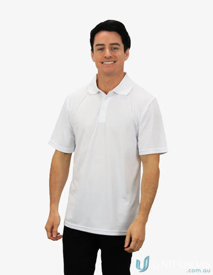 Man in white polo shirt showcasing Scorpion Polo with cooldry moisture management tech