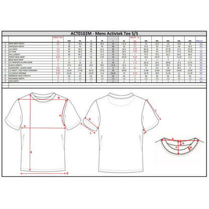 SCYC adult training tee in red and white design with size chart