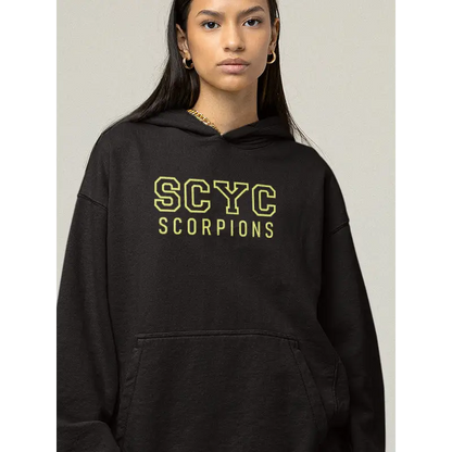 SCYC Ladies EMB traditional fleecy hoodie in black with yellow white Scyc Scorpions text