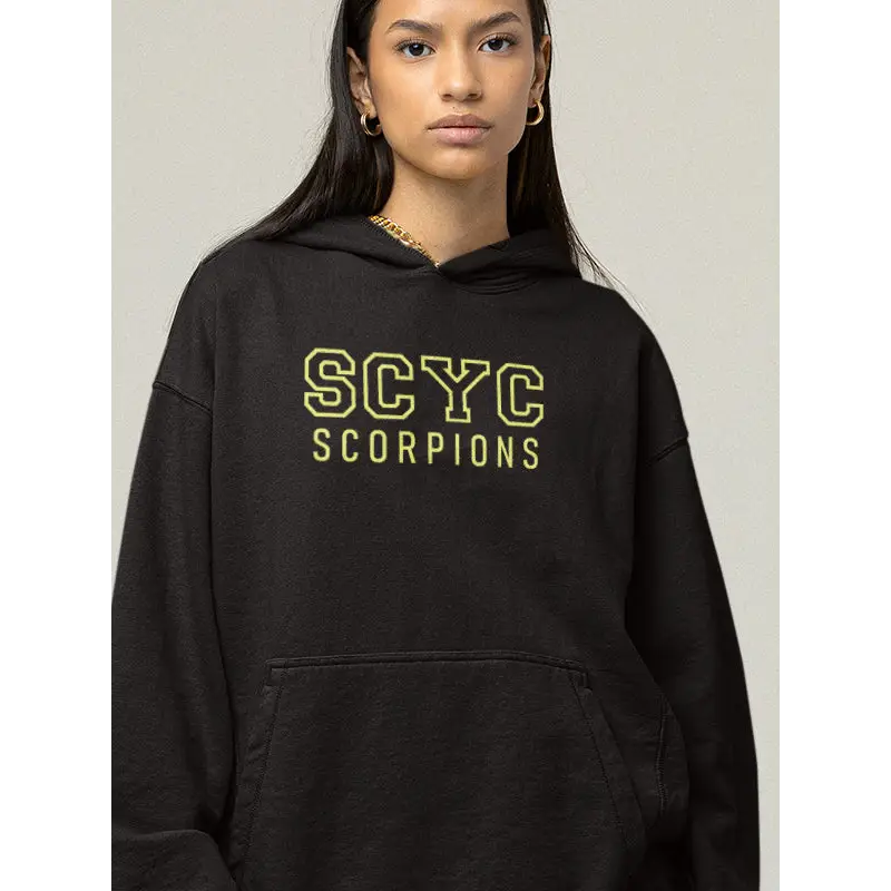 SCYC Ladies EMB traditional fleecy hoodie in black with yellow white Scyc Scorpions text