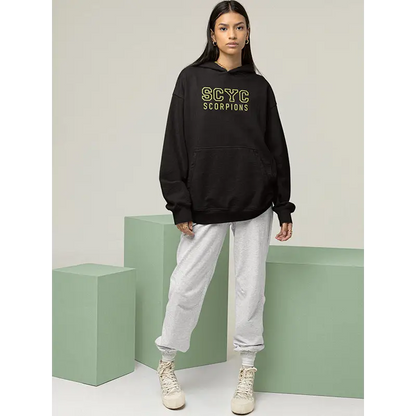 SCYC Ladies EMB black oversized traditional fleecy hoodie with yellow green Scyc Scorpions text