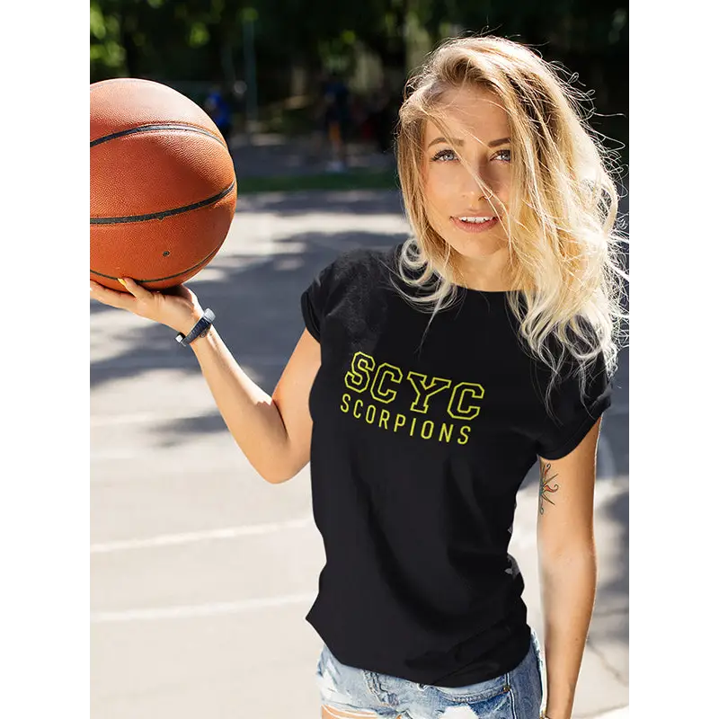SCYC Ladies Print Tee with black basketball, orange white accents, leather
