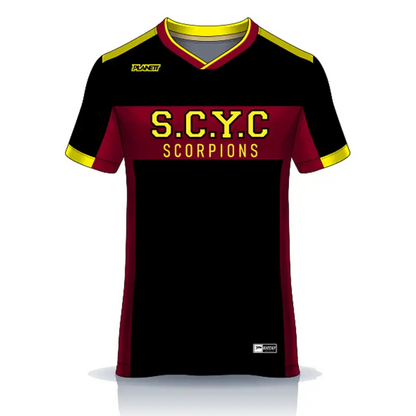 SCYC Ladies Training Tee: maroon black jersey with yellow accents and s.c.y.c