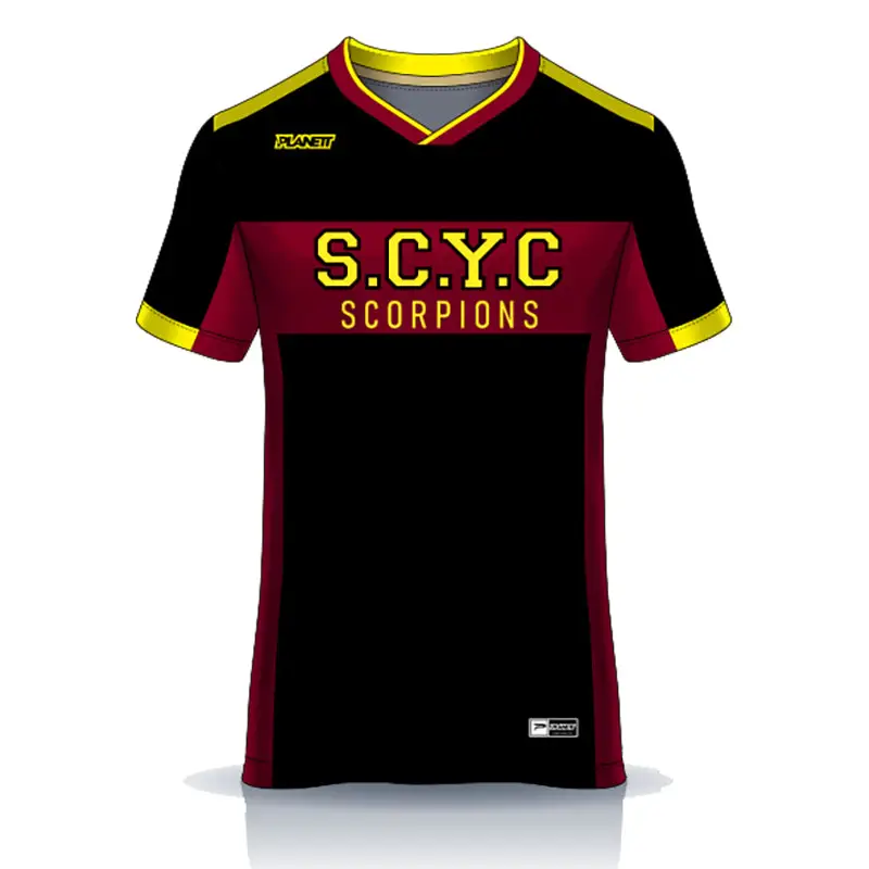 SCYC Ladies Training Tee: maroon black jersey with yellow accents and s.c.y.c