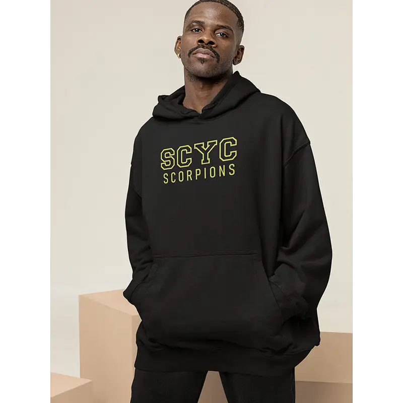 Black hoodie with yellow lettering.