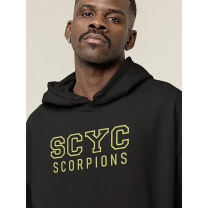 SCYC Mens EMB black hoodie with neon yellow scyc scorpions text, fleece 340gsm