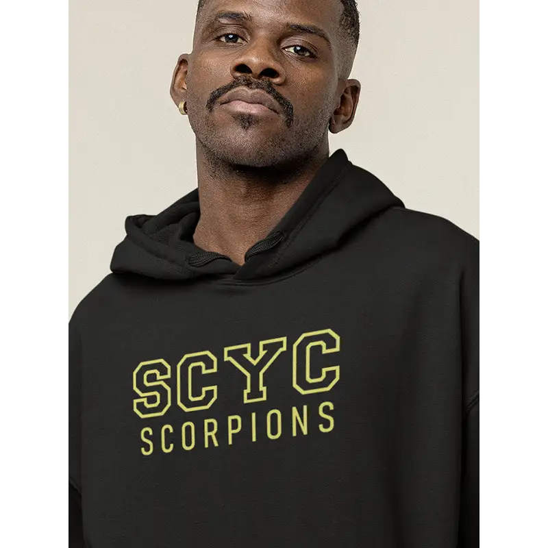 SCYC Mens EMB black hoodie with neon yellow scyc scorpions text, fleece 340gsm