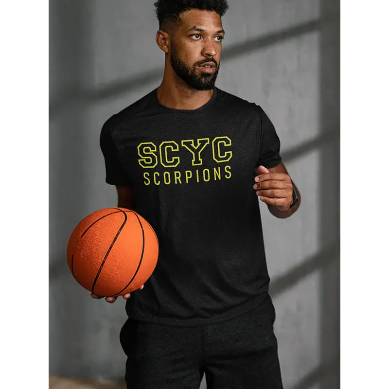 SCYC Mens Print black basketball tee with orange accents