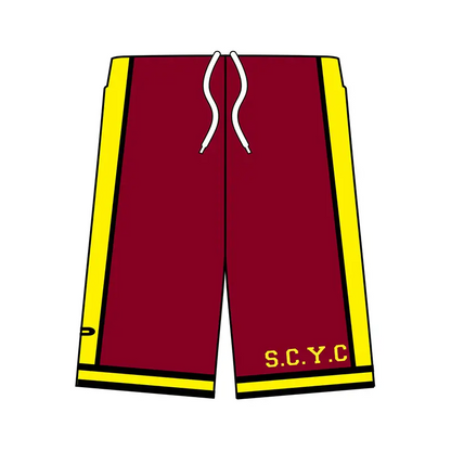 SCYC unisex shorts in maroon and yellow with s.c.y.c logo from Croydon South