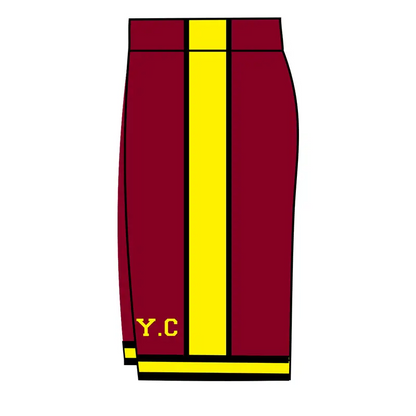 Maroon and yellow cyc unisex shorts with y.c logo from Croydon South