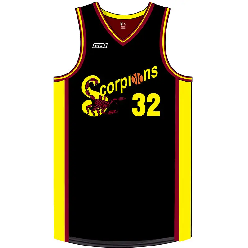 SCYC unisex reversible top: black yellow jersey with Scorpions logo, number 32, GBI brand