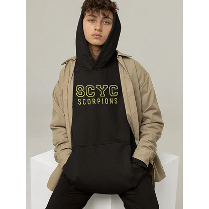 SCYC Youth EMB Hoodie: black traditional fleecy hoodie with yellow Scyc Scorpions text