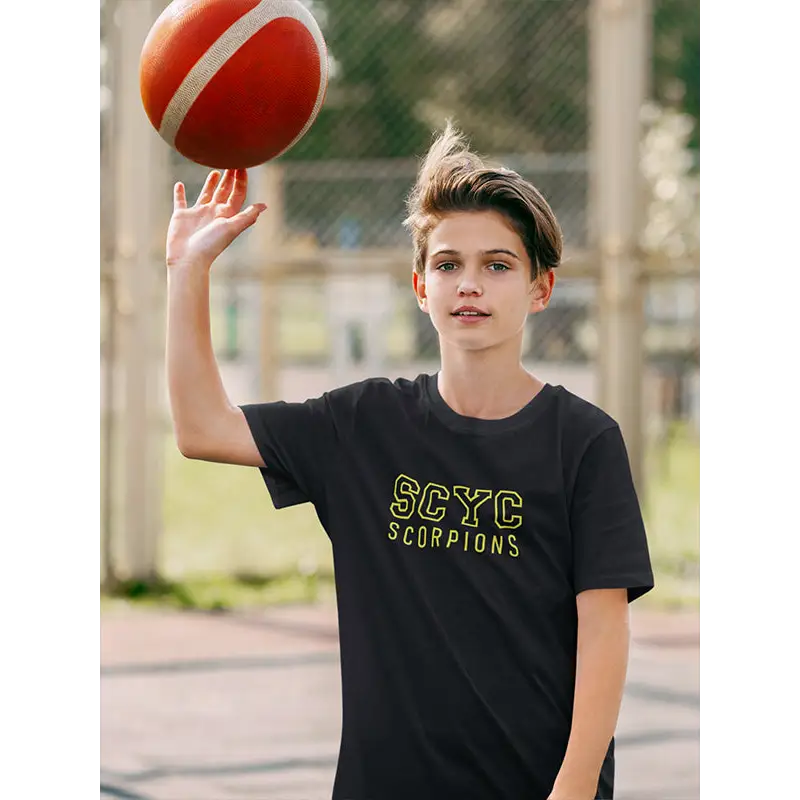 SCYC Youth Print black basketball with red accents on fleece tee