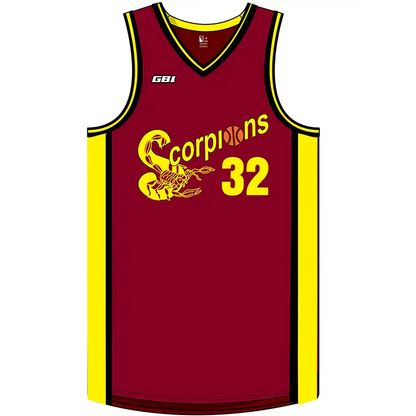 SCYC Youth Reversible maroon and yellow basketball jersey with Scorpions logo, number 32, GDI brand