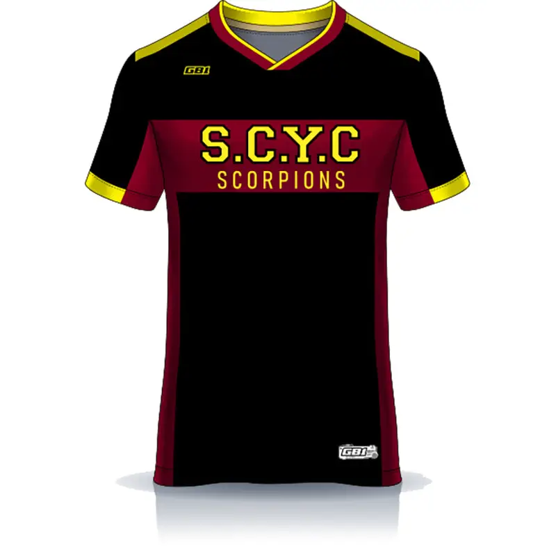 Black and maroon s.c.y.c scorpions youth training tee with yellow trim perfect for sports uniforms and workwear