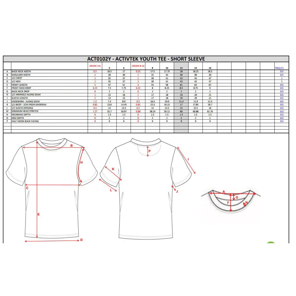 White short sleeve youth training tee with size chart and measurement diagrams ideal for work uniforms and uniforms