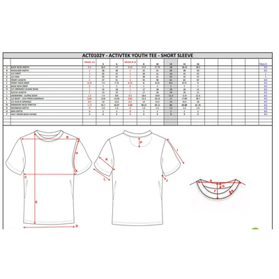 White short sleeve youth training tee with size chart and measurement diagrams ideal for work uniforms and uniforms