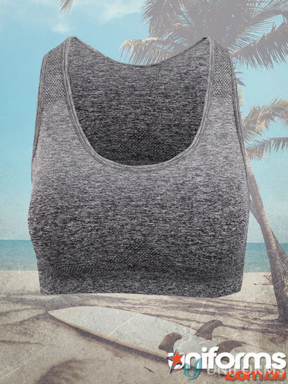 Gray seamless sports bra in ladies size with four-way stretch, perfect for uniforms