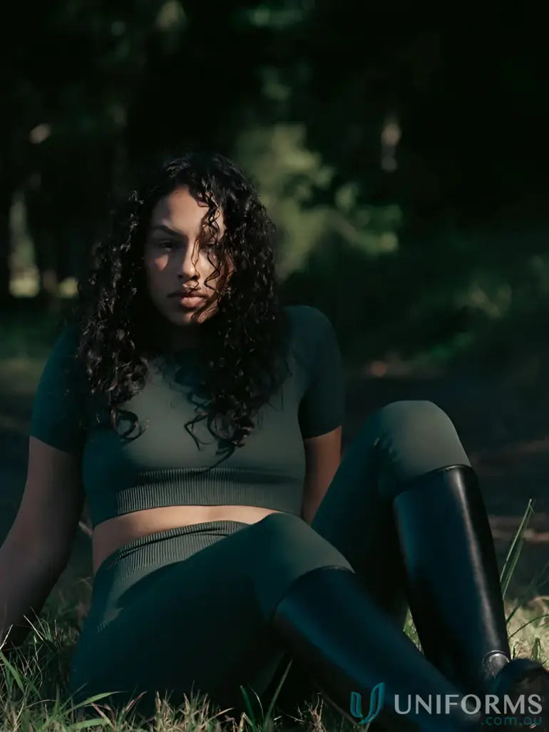 Woman in green athletic wear and riding boots wearing Seamless Cropped Emerald Tee with round neck