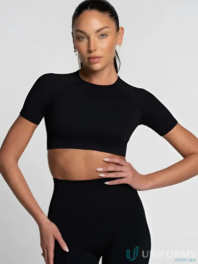 Black seamless cropped tee with high neckline and stretchy fabric perfect for comfortable workwear uniforms
