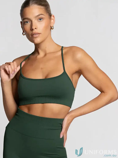 Green ribbed sports bra with flattering scoop neckline from Seamless Emerald Active Crop