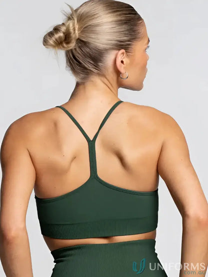 Green ribbed sports bra with flattering scoop neckline from Seamless Emerald Active Crop