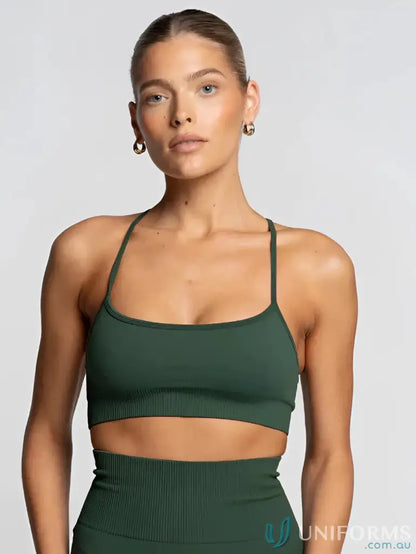 Green ribbed sports bra with flattering scoop neckline from Seamless Emerald Active Crop