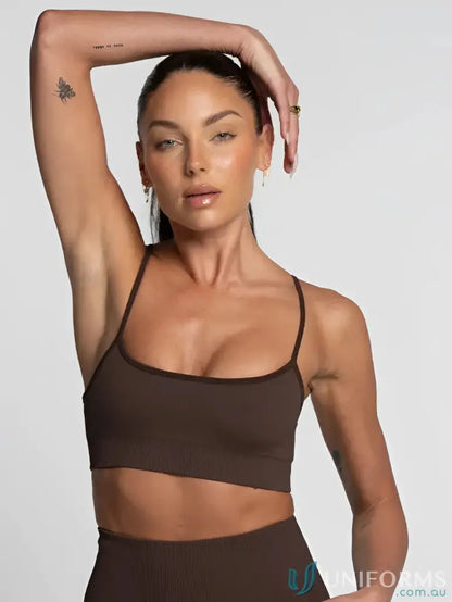 Seamless Espresso Active Crop with flattering scoop neckline and stylish brown athletic design