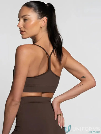 Brown ribbed sports bra with flattering scoop neckline in the Seamless Espresso Active Crop
