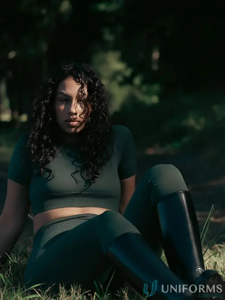 Woman in green Seamless Invicible Scrunch Emerald Leggings, perfect workwear or uniforms