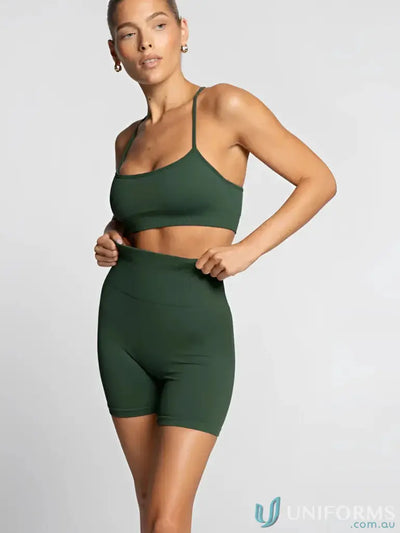 Dark green high waisted seamless scrunch bike shorts in stretchy fabric ideal for comfortable work uniforms and workwear