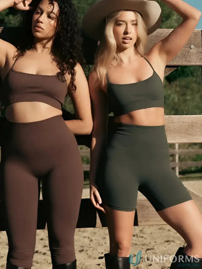 Brown and olive green seamless cropped sports bra and high waisted leggings set perfect for stylish work uniforms