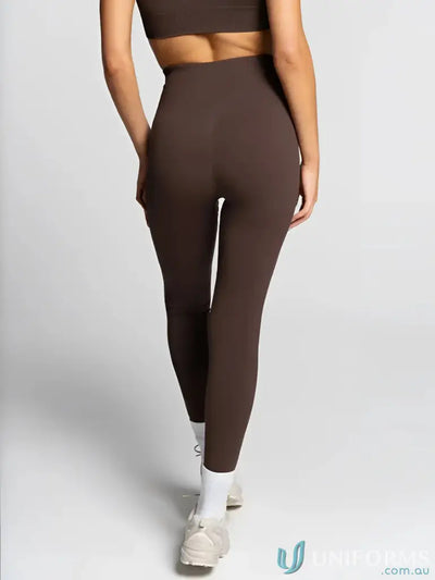 Brown leggings and sneakers from Seamless Invicible Scrunch Espresso Leggings work uniforms