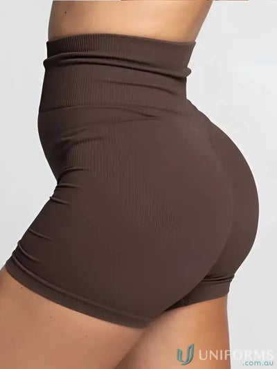 Brown high-waisted seamless invicible scrunch espresso shorts with ribbed texture perfect for workwear uniforms