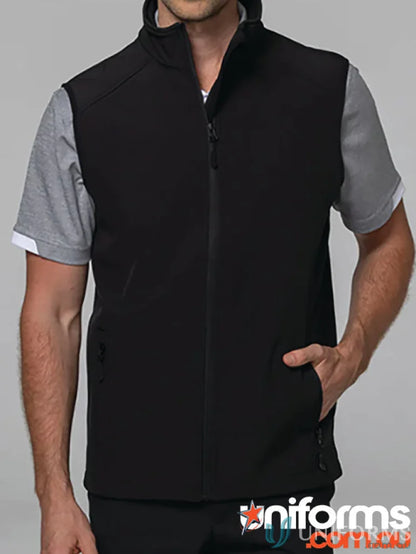 Black softshell vest from Selwyn Mens Vests showcasing comfortable workwear and chest fit