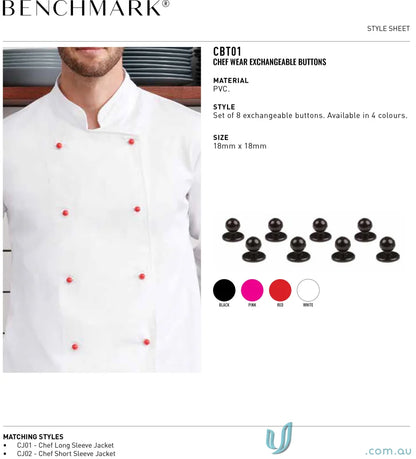 White chef’s jacket with exchangeable red chefwear buttons showing a winning spirit
