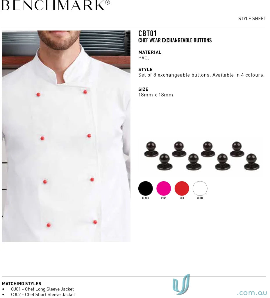 White chef’s jacket with exchangeable red chefwear buttons showing a winning spirit