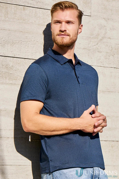 Man wearing p501ms Shadow Polo in navy, showing off the perfect blend of cross-dyed tonal fine fabric