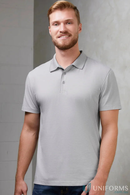 Man in gray P501MS Shadow Polo showing the perfect blend of cross-dyed tonal fine fabric