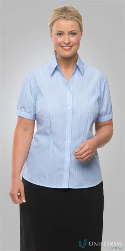 Woman in shadow stripe cap sleeve shirt and black skirt, perfect for uniforms