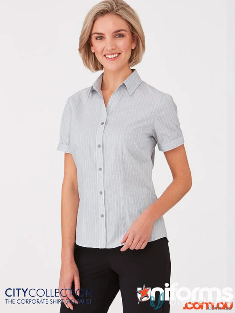 Shadow stripe cap sleeve shirt perfect for uniforms, stylish short-sleeved button-down