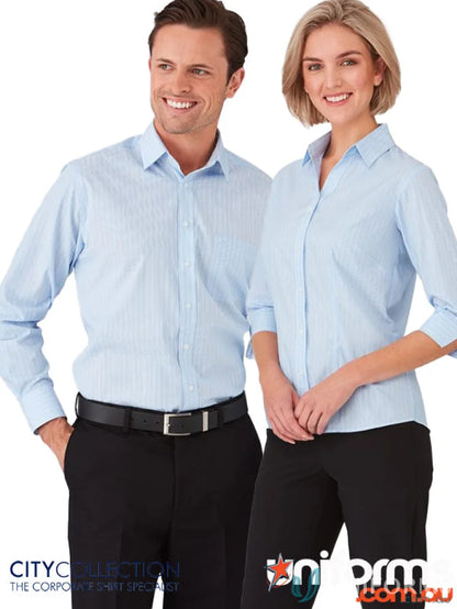 Two people wearing Shadow Stripe LS Shirts in light blue workwear uniforms