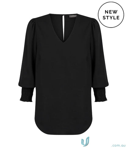 Black V-neck blouse with shirred cuff details from the Shirred Cuff Top collection